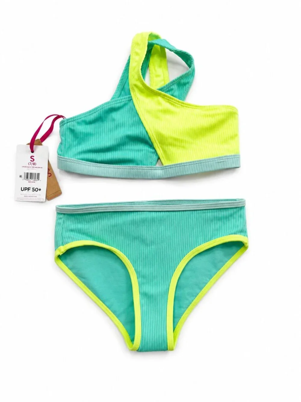 Justice Girls UPF 50+ Ribbed Bikini Swimsuit Teal Neon Green Size S (7/8) NWT
